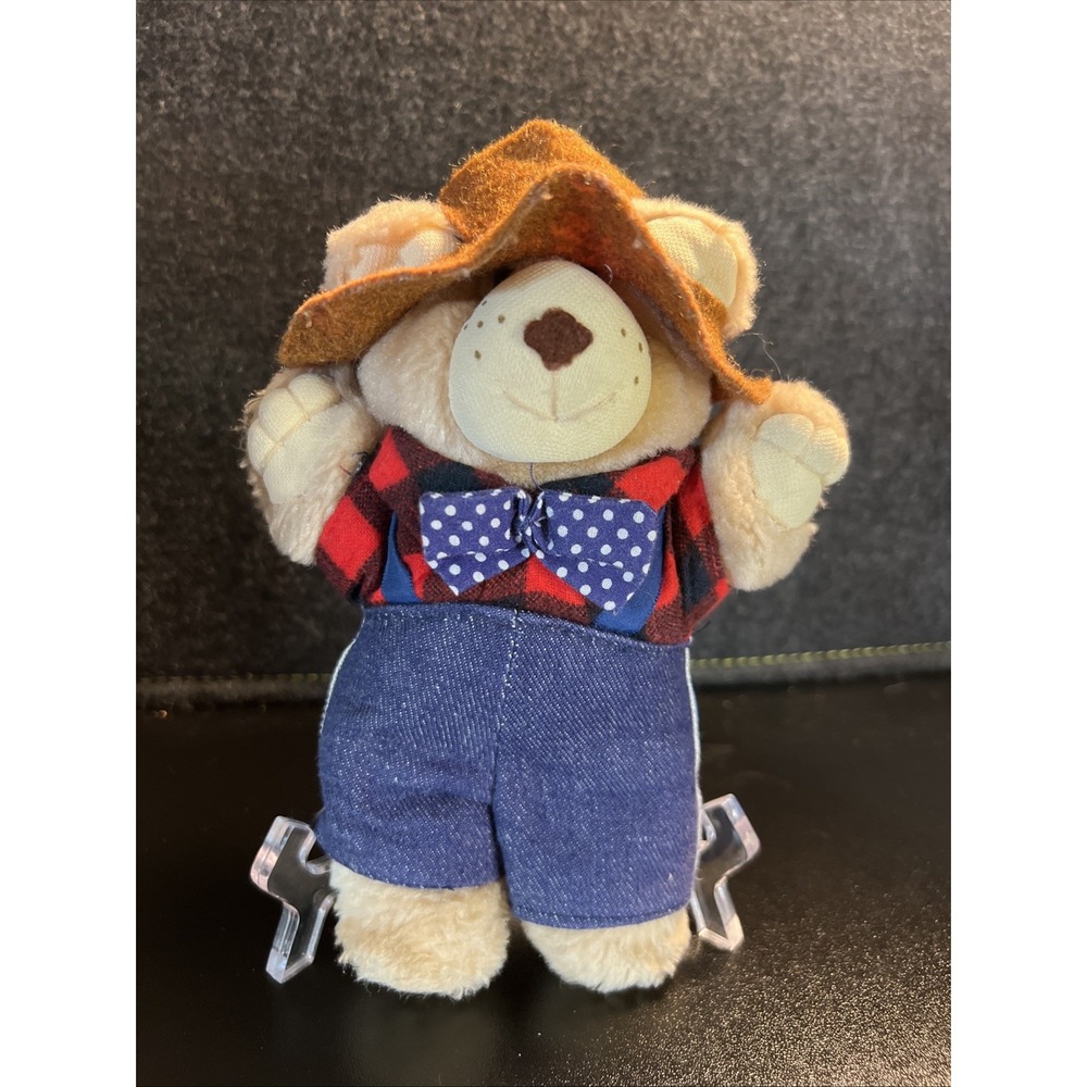 Vintage Farrell Furskins Bears 7" My Teddy Bear 1986 Boots Hat Red Plaid Overall